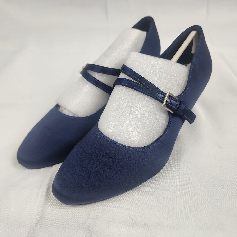 Easy Street Womens Meryl Navy Satin Mary Jane Block Heel Pumps 8M New